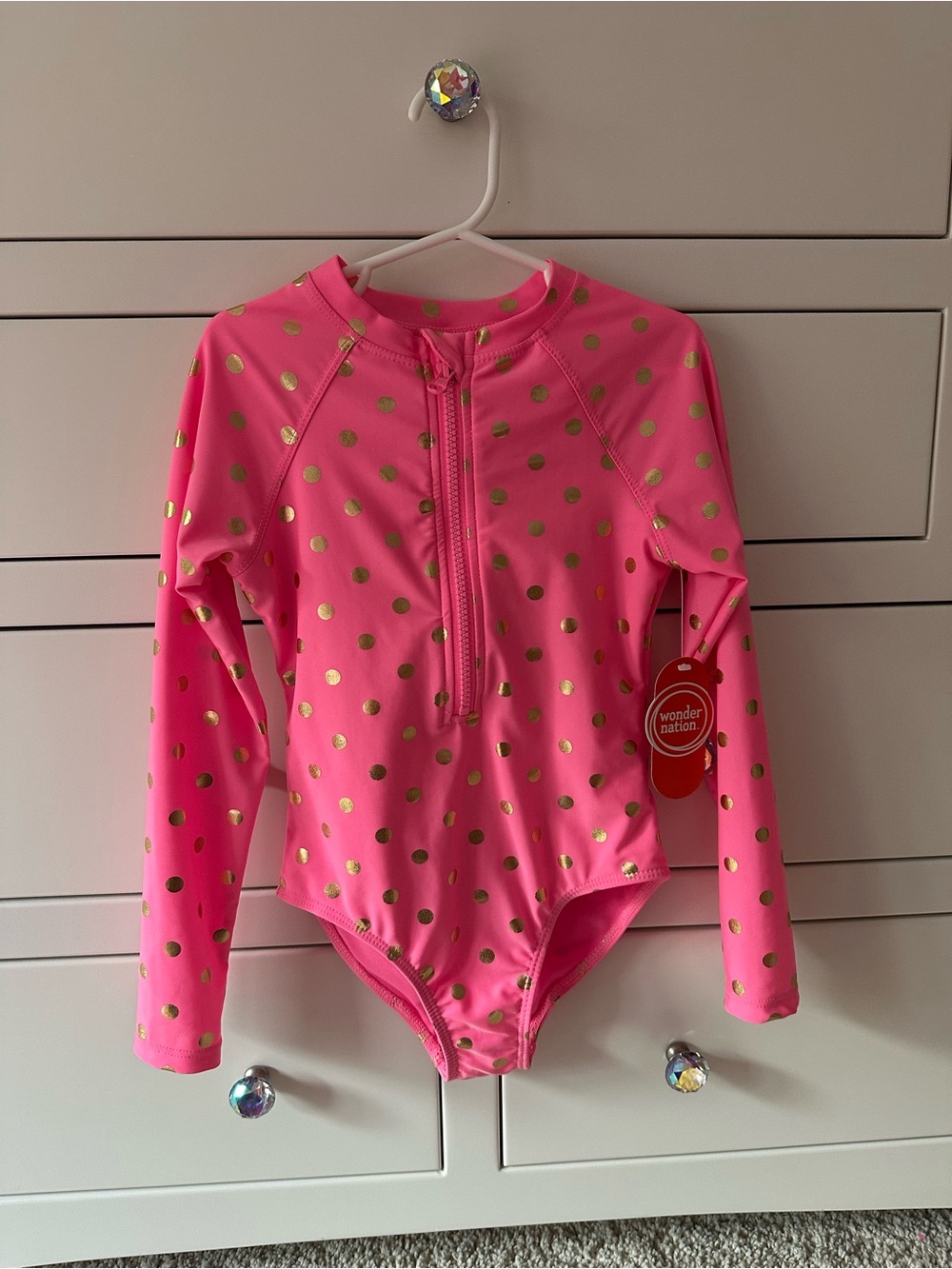 NEW Wonder Nation Girls' Pink Long Sleeve Polka Dot Rash Guard Swimsuit